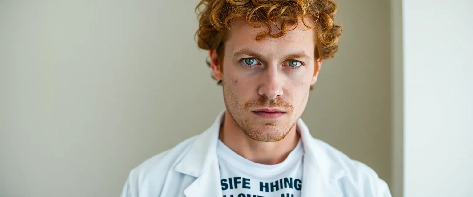 Early 30s man with curly ginger hair, scarred face and body, wearing a lab coat over a white t-shirt with a bold statement, greyish-brown eyes.