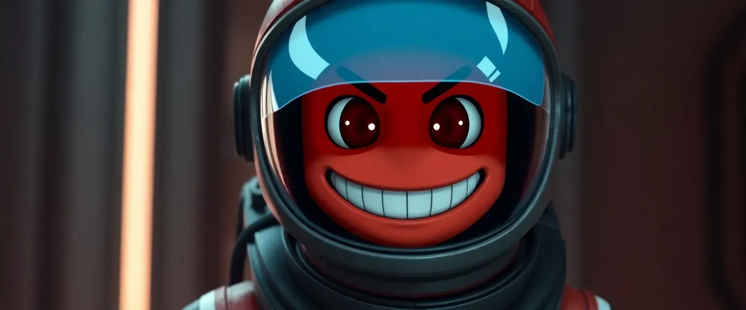 Red Among Us crewmate with a light blue visor and an unsettling Skibidi smile, wearing a spacesuit with rounded edges and stubby legs.