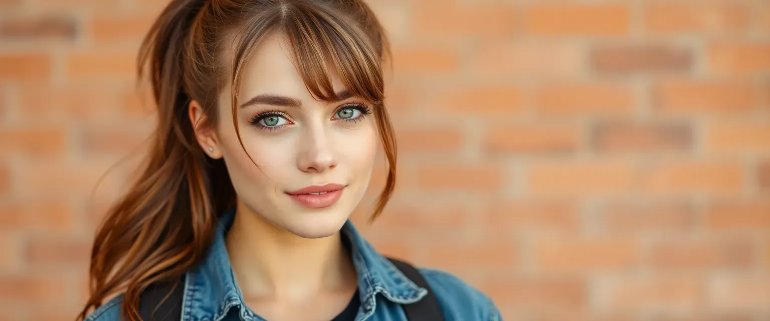 22-year-old woman with chestnut ponytail, green eyes, athletic build, casual chic style.