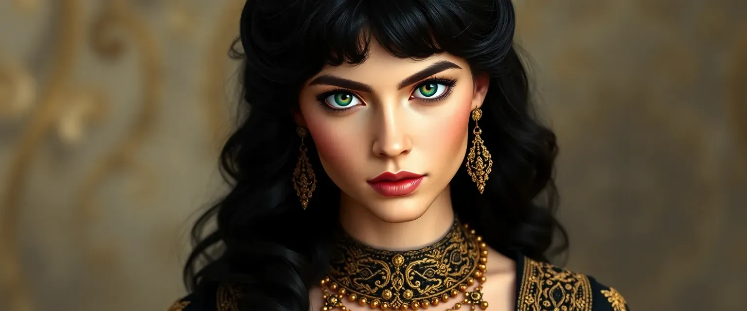 Princess Daniela, Cleopatra's cousin, wears a black gown adorned with gold embroidery. Her raven-black hair frames a youthful yet wise face with emerald green eyes.