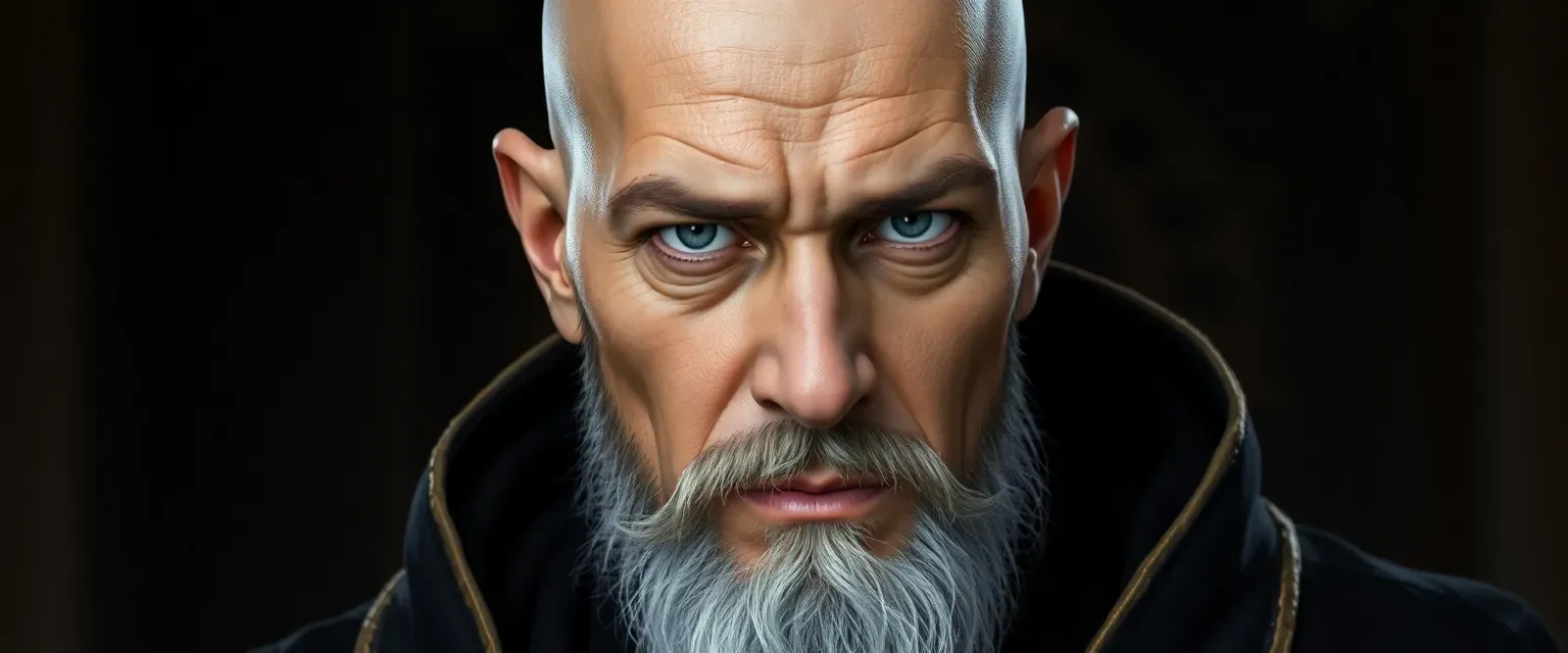 A bald, gray-skinned leader with darkish-light blue eyes, wearing a black robe with gold linings.