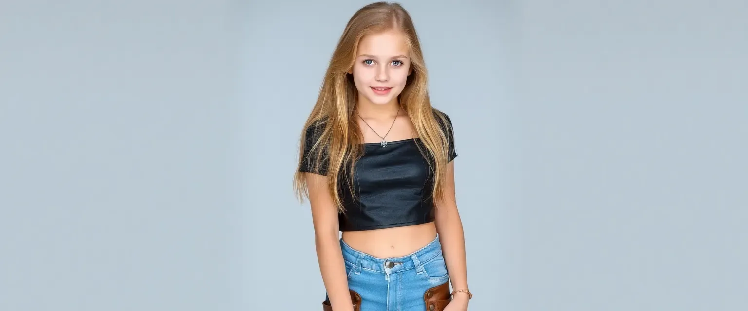 A 17-year-old girl with golden blonde hair, crystal blue eyes, wearing a black leather crop top, light blue jeans, brown boots, and a necklace.