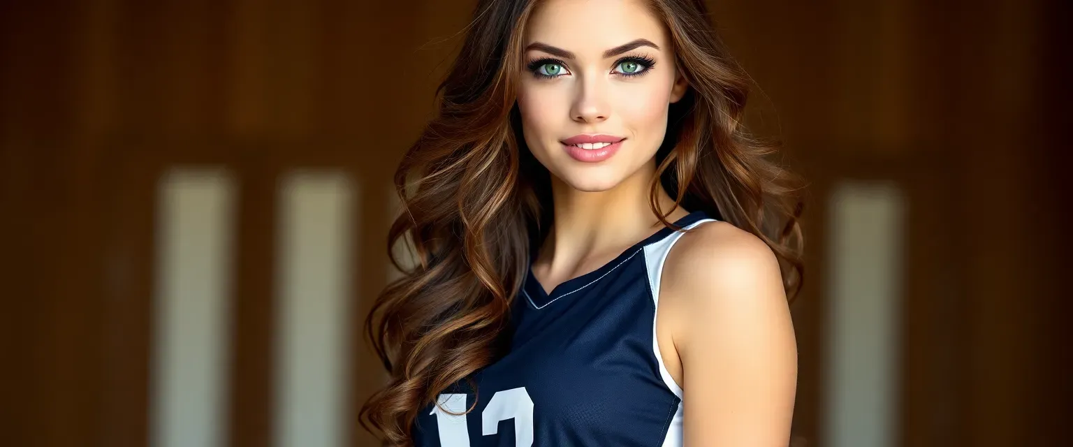 Tall, athletic young woman with wavy chestnut hair and emerald eyes, wearing a volleyball jersey and shorts.