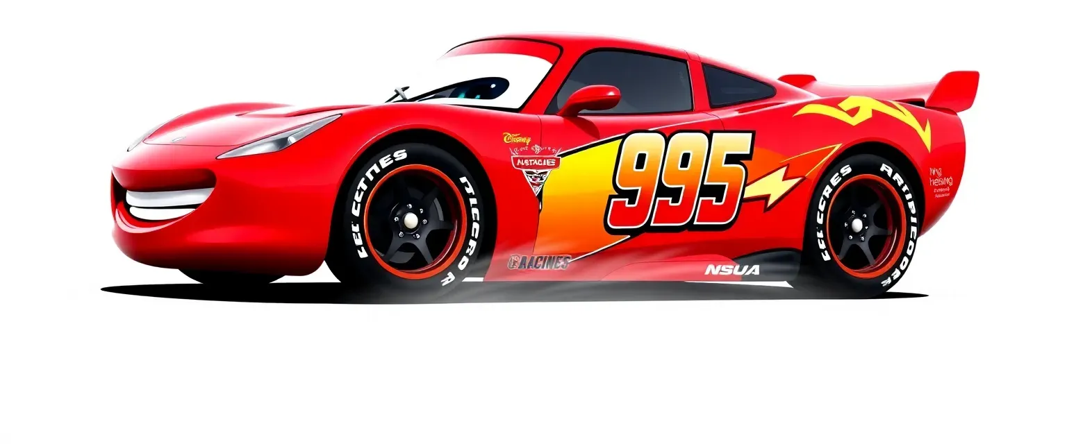 A sleek, bright red race car with the number 95, confident smile, lightning bolt decals on sides, low-profile racing tires, and aerodynamic design.