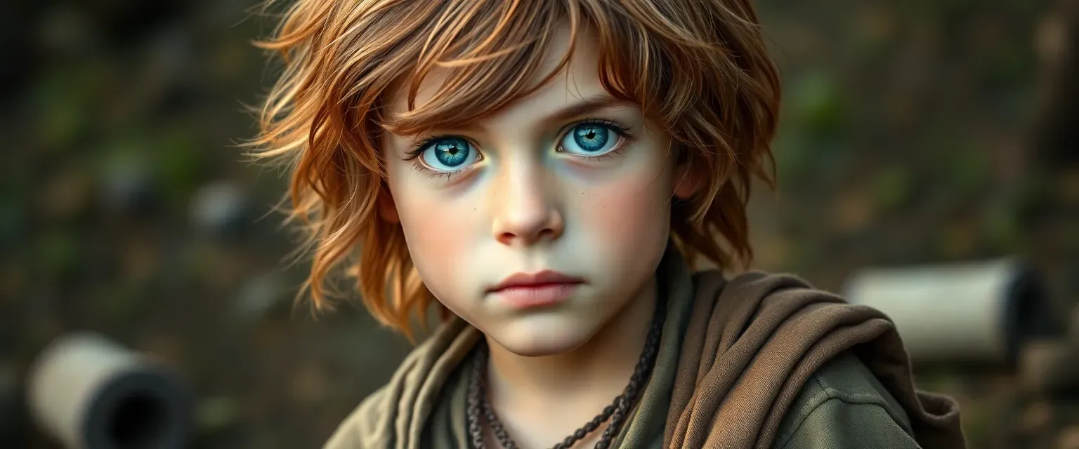 A ten-year-old boy with chestnut hair and blue eyes, wearing tattered clothes, exuding an air of ancient wisdom.