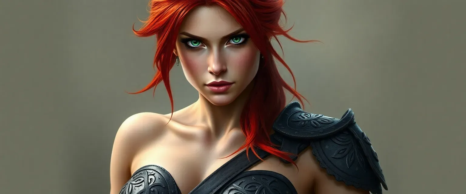 Tall muscular woman with fiery red hair and piercing green eyes; wears leather armor adorned with intricate designs.