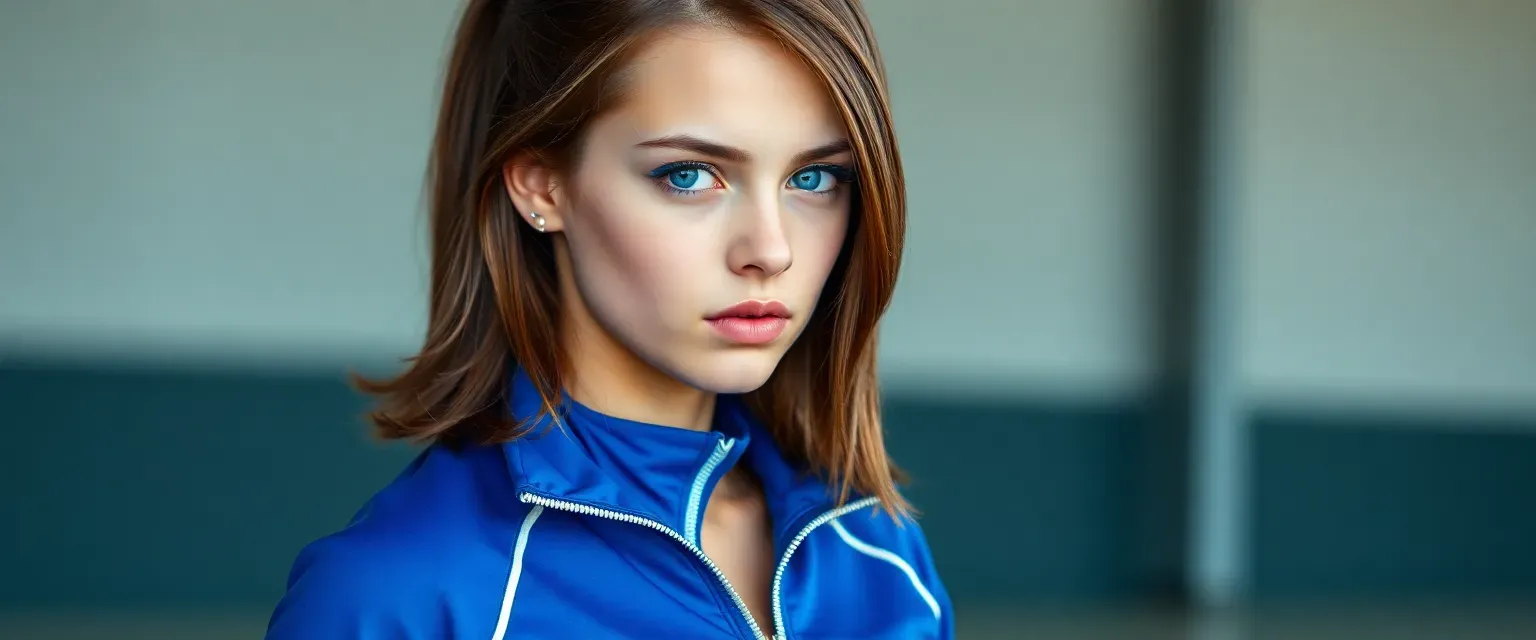 Athletic teenage girl in blue tracksuit, shoulder-length brown hair, competitive expression, skin tinted slightly blue, modern sporty appearance, determined stance.