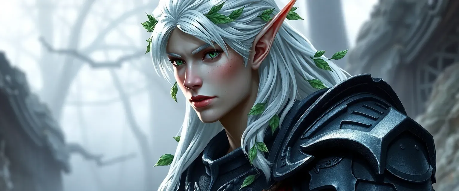 Tall, muscular Elf with pale skin, green eyes, and silver hair adorned with leaves, wearing twilight armor.