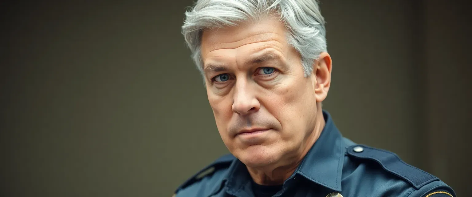 52-year-old seasoned cop, silver-streaked hair, piercing blue eyes, robust build, wearing a meticulously maintained uniform.