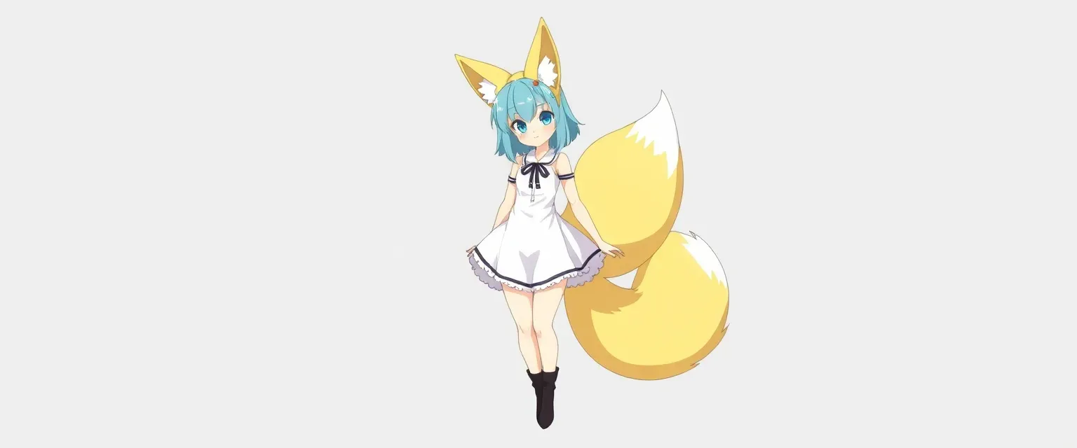 Female kitsune, yellow fur, blue hair, blue eyes, two tails, white dress, black shorts, white boots.