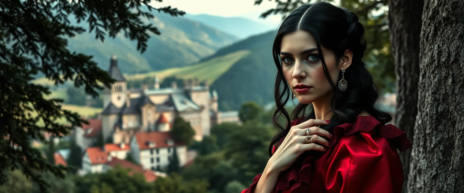 In a secluded corner of Croatia, 1850, Maja Dragomir, the enigmatic Countess of Kruševo Castle, stands amidst her opulent surroundings. Her raven-black hair frames a heart-shaped face, her emerald eyes surveying the land. Her porcelain skin and crimson gown, paired with antique rings, hint at her noble heritage and mysterious allure. Surrounded by rolling hills and the historic town of Slunj, her castle is a symbol of her fierce determination to protect her family's legacy and the people of Croatia amidst whispers of rebellion against the Austro-Hungarian Empire.