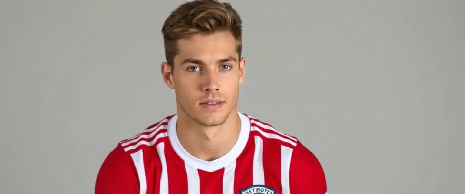 A lean, athletic man in his 20s with chestnut brown hair and blue eyes, wearing a red and white striped football jersey and boots.