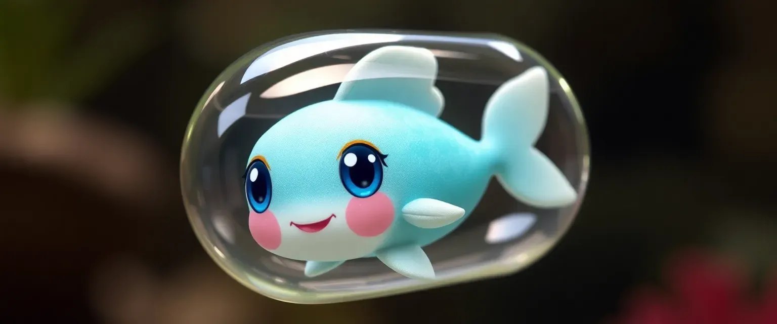 Puku is a cheerful female Aquapet with shimmering scales in aquamarine hues. Encased in a water-filled capsule, she floats gracefully with large expressive eyes full of wonder.