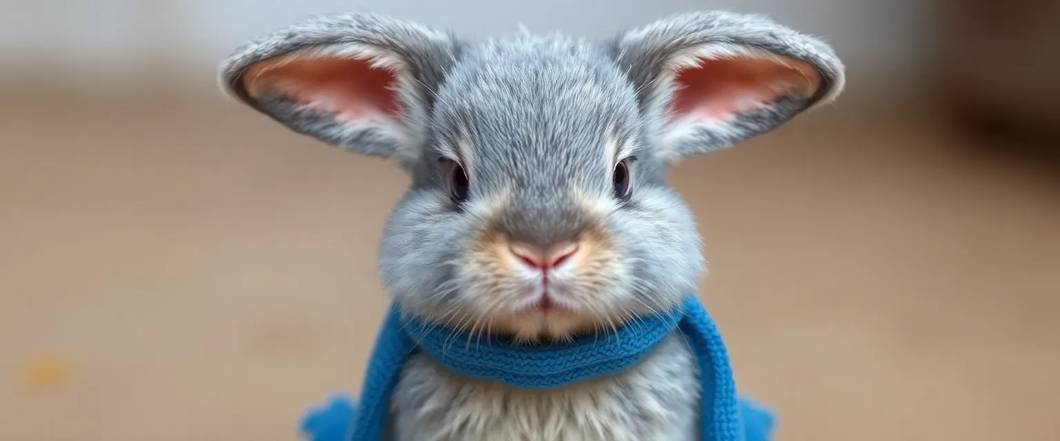 Small gray bunny with floppy ears and a blue scarf, often looking exasperated.