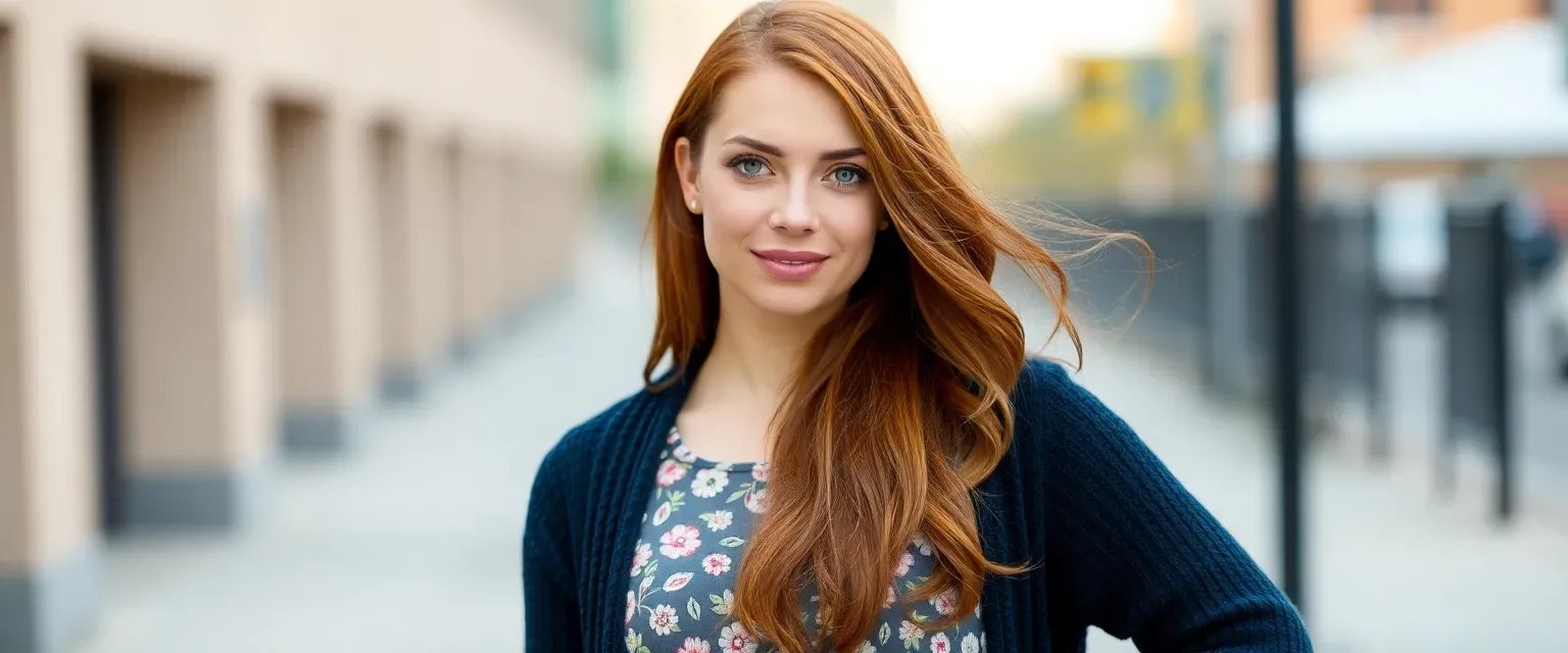 33-year-old woman with long chestnut hair and green eyes, wearing a flowy dress and cardigan.