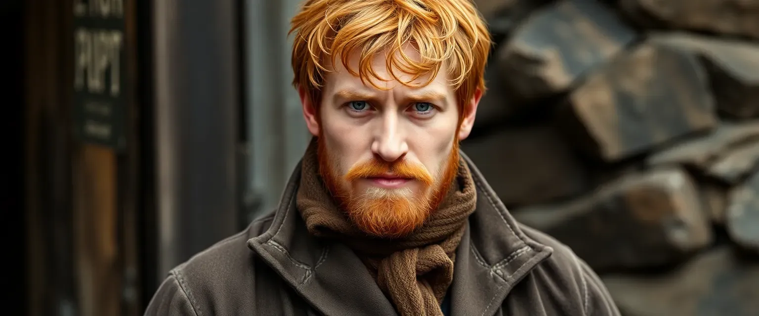 Auburn-haired Scottish man, sturdy build, late 19th-century working-class attire, determined expression.