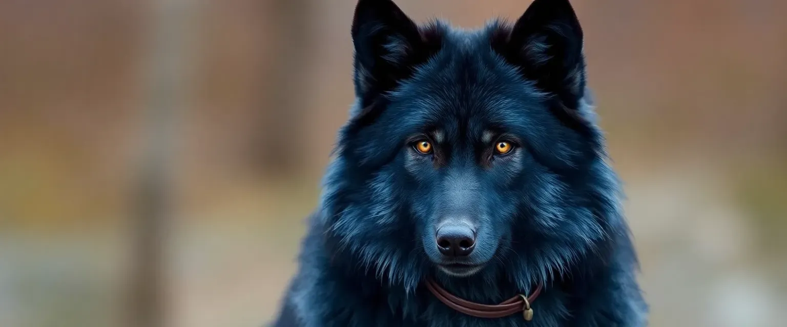 Tall alpha wolf with midnight blue fur and golden eyes, wearing a simple leather neckband.