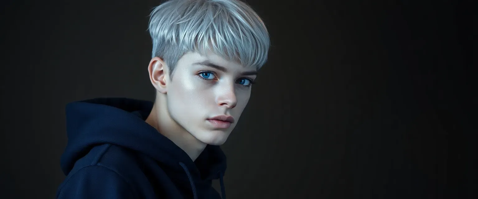 A tall, lean 19-year-old with metallic skin, short silver hair, wearing a navy-blue hoodie and jeans. His eyes shimmer with an otherworldly metallic gleam.