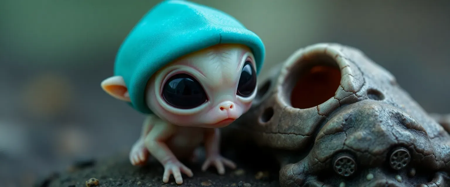 A tiny 6cm tall alien being with cyan hat, large oval eyes, and iridescent skin, sitting beside Bonehead. Their delicate features suggest an otherworldly origin.