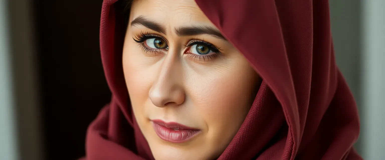 Elegant Iranian woman in her early 30s, wearing a hijab, with warm skin and soulful eyes.