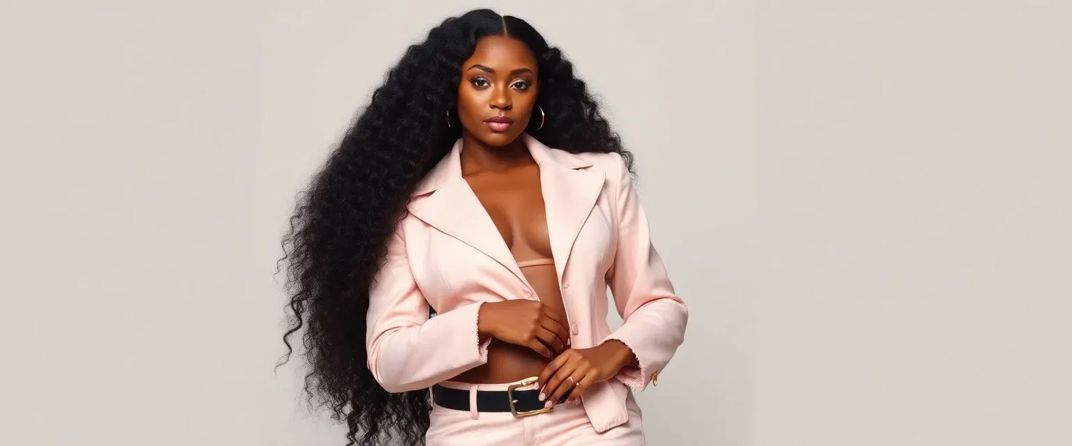 A 24-year-old African-American pop star with long curly black hair, chocolate-brown skin, and hourglass figure, wearing pastel-colored designer outfits and natural-looking makeup.