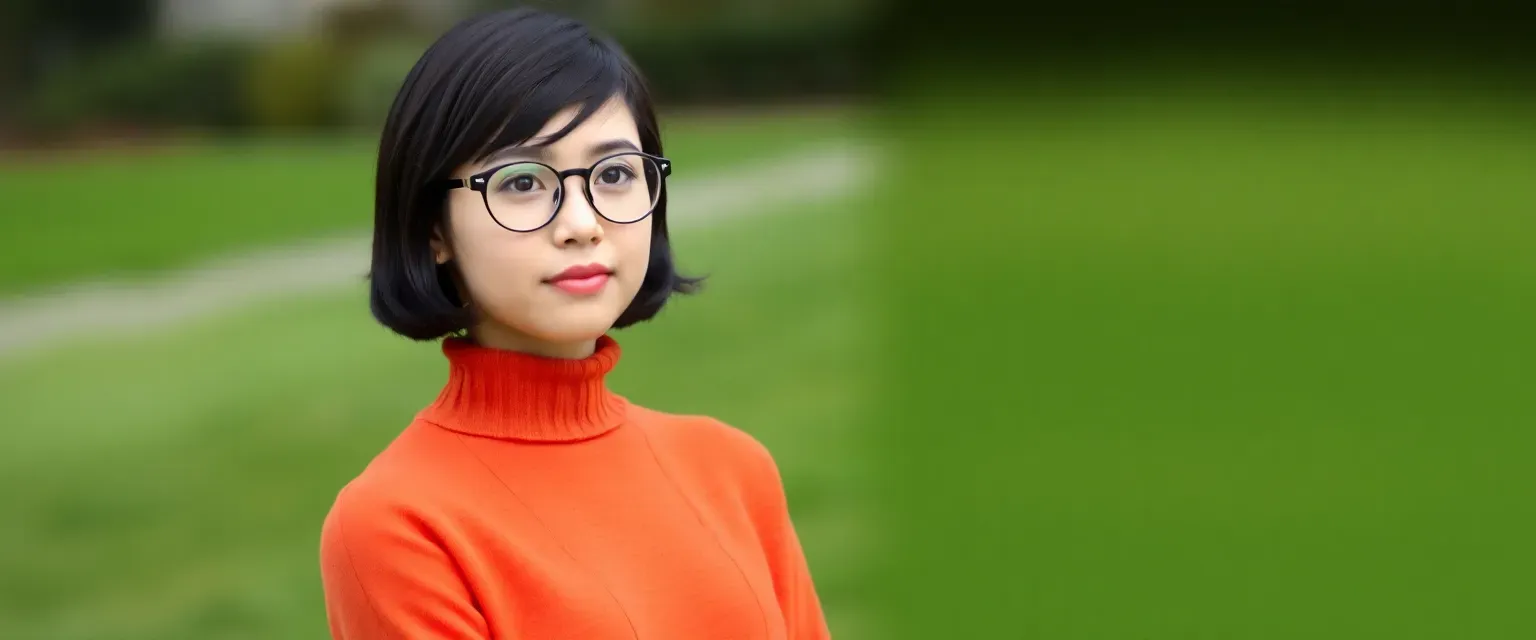 Young woman with short dark hair, round glasses, orange sweater, red skirt, knee-high socks, and Mary Janes.