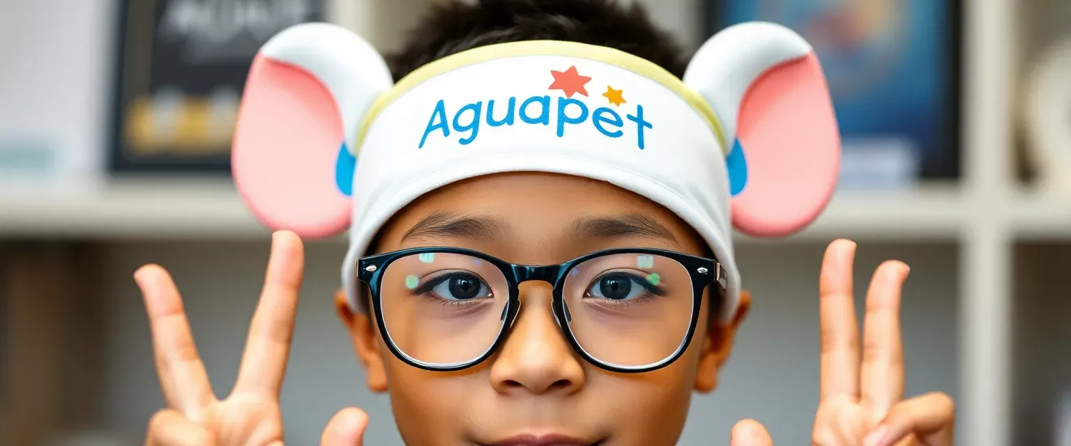 A 14-year-old Chinese-Sudanese boy named JingJing wears glasses and an Aquapets logo headband with wiggling ears. Born mute, he uses sign language and a special device to communicate.