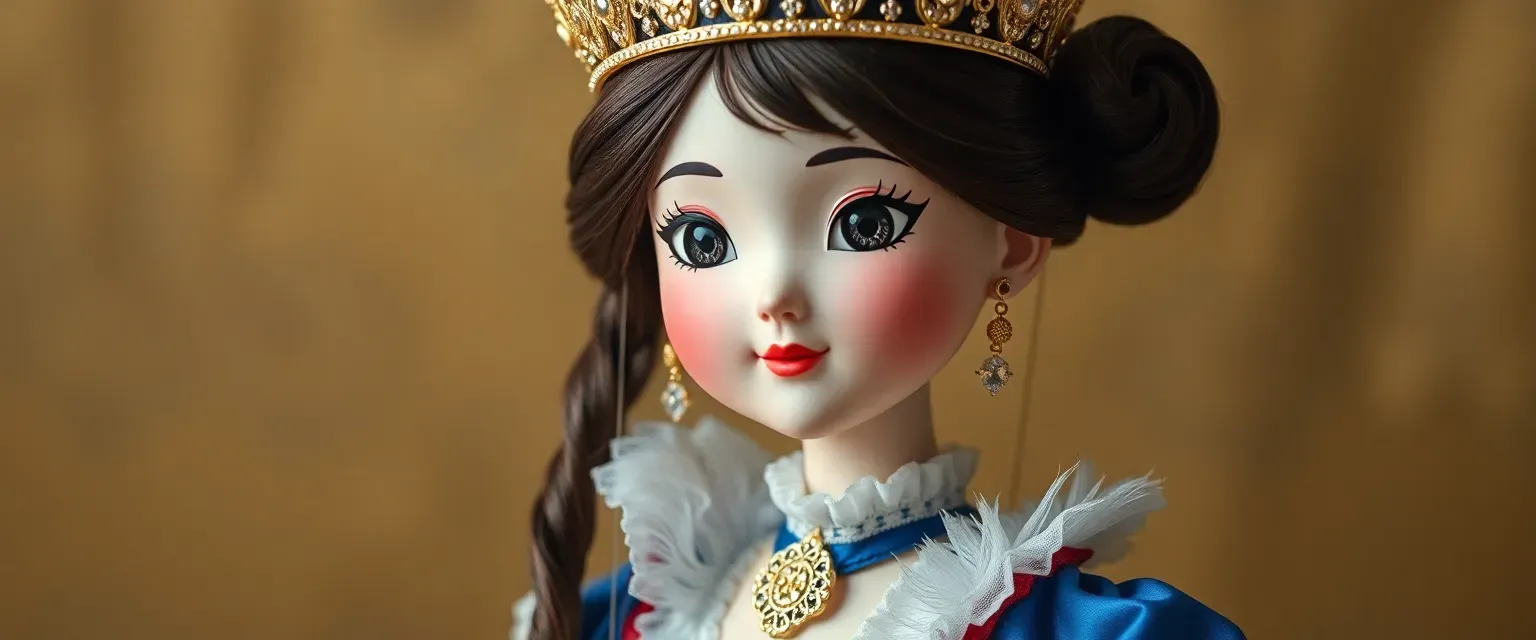 15-year-old French-Japanese girl, puppet form with lifeless eyes, crowned Puppet Princess, wearing royal puppet attire.