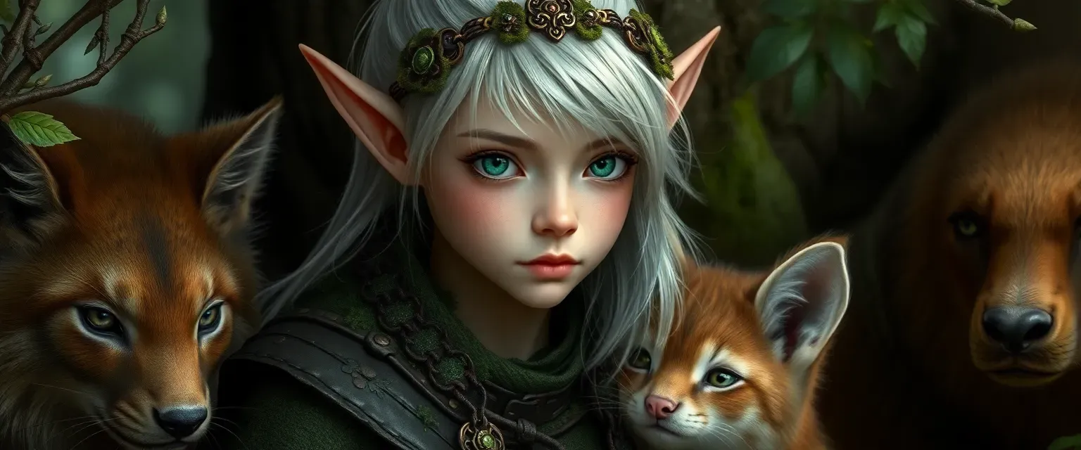 Young forest elf with silver hair, emerald eyes, wearing moss and leather, surrounded by animals.