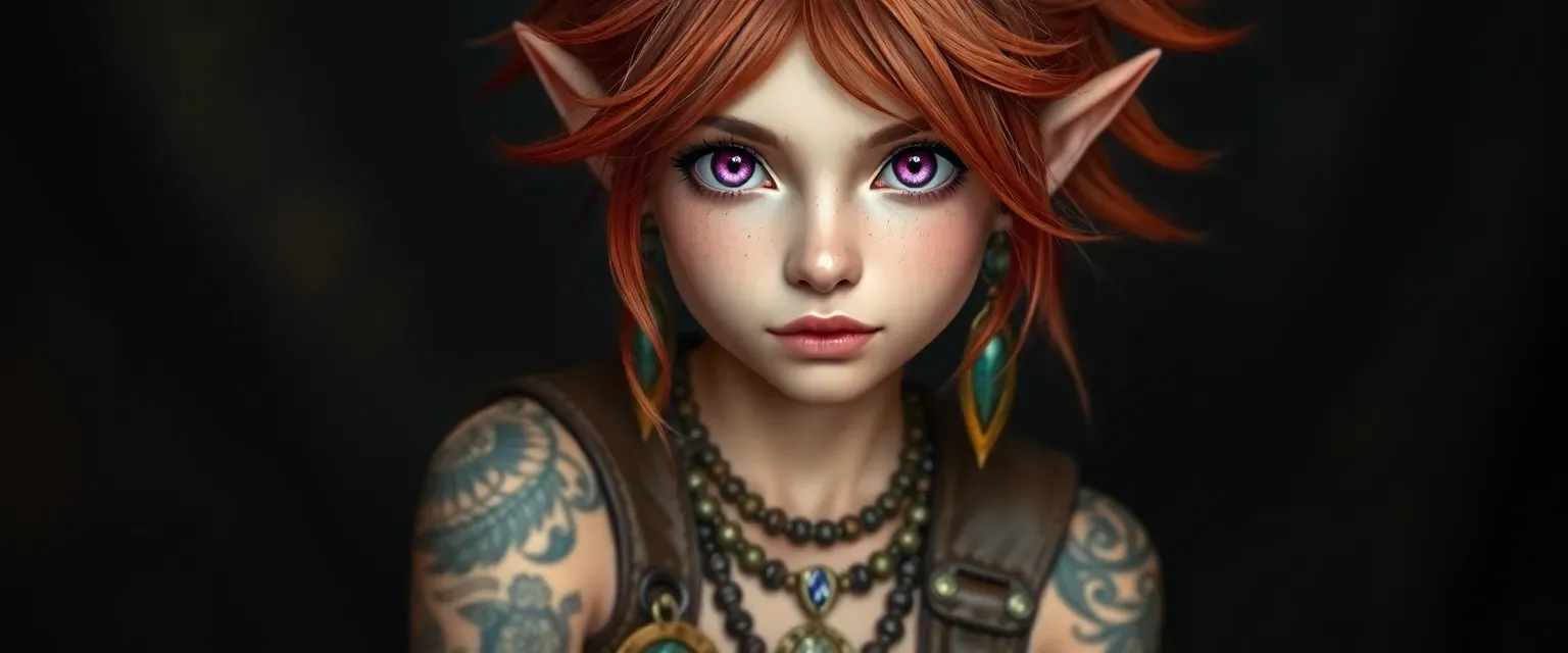 A petite half-gnome woman with striking violet eyes, wild copper hair, and elaborate tattoos covering her arms. Wears a mix of leather and colorful fabrics, with numerous magical trinkets.