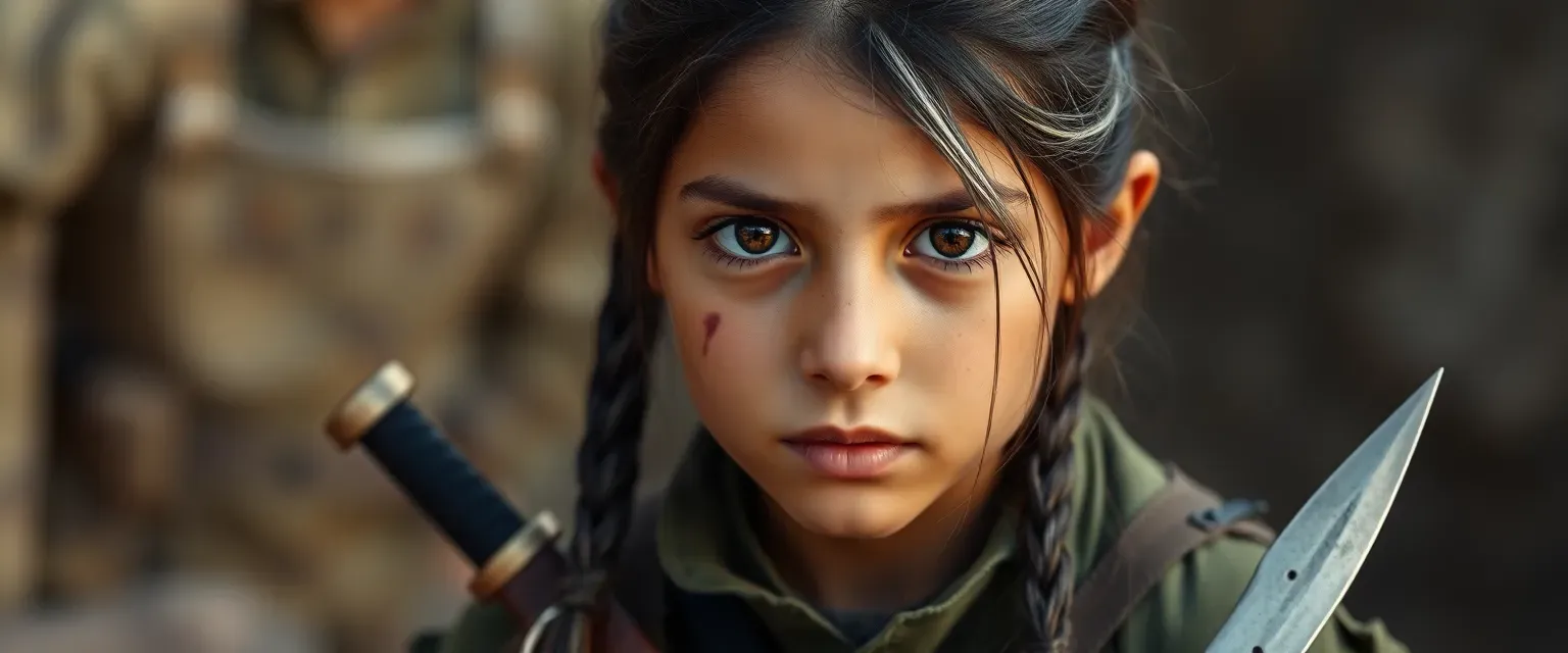 A petite 12-year-old girl with olive skin, freckled nose, and dark hair with silver streaks in braids. Wearing military-style clothing, carries bronze knives. Notable scar on face.