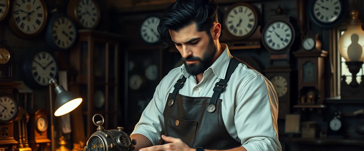 "A ruggedly handsome watchmaker, Tillden Valtor, stands in his cluttered workshop, intently staring at an intricate timepiece. He is a tall man with piercing emerald eyes, jet-black hair, and a jet-black beard. He wears a leather apron over his dark trousers and white button-down shirt, with a pocket watch attached to his vest. The room around him is dimly lit, filled with the soft ticking of clocks and the glow of a single desk lamp."