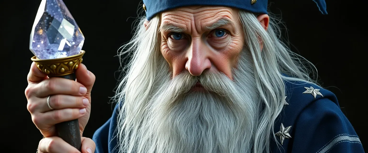 Elderly wizard with long silver beard, wearing midnight blue robes adorned with silver stars. Crystal-topped staff, weathered face, piercing violet eyes, and crooked nose from ancient battle.