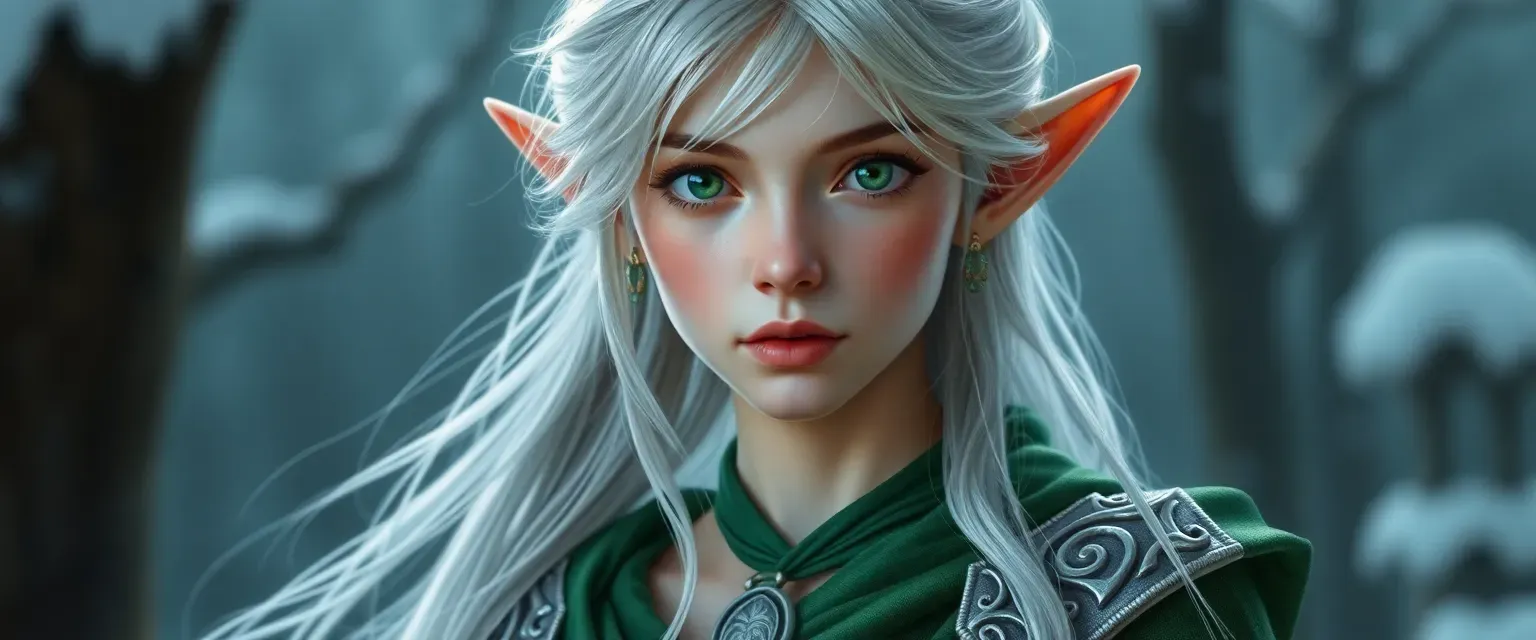 Tall teenage elf with silver hair, emerald eyes, and fae ears, dressed in flowing green and silver garments.