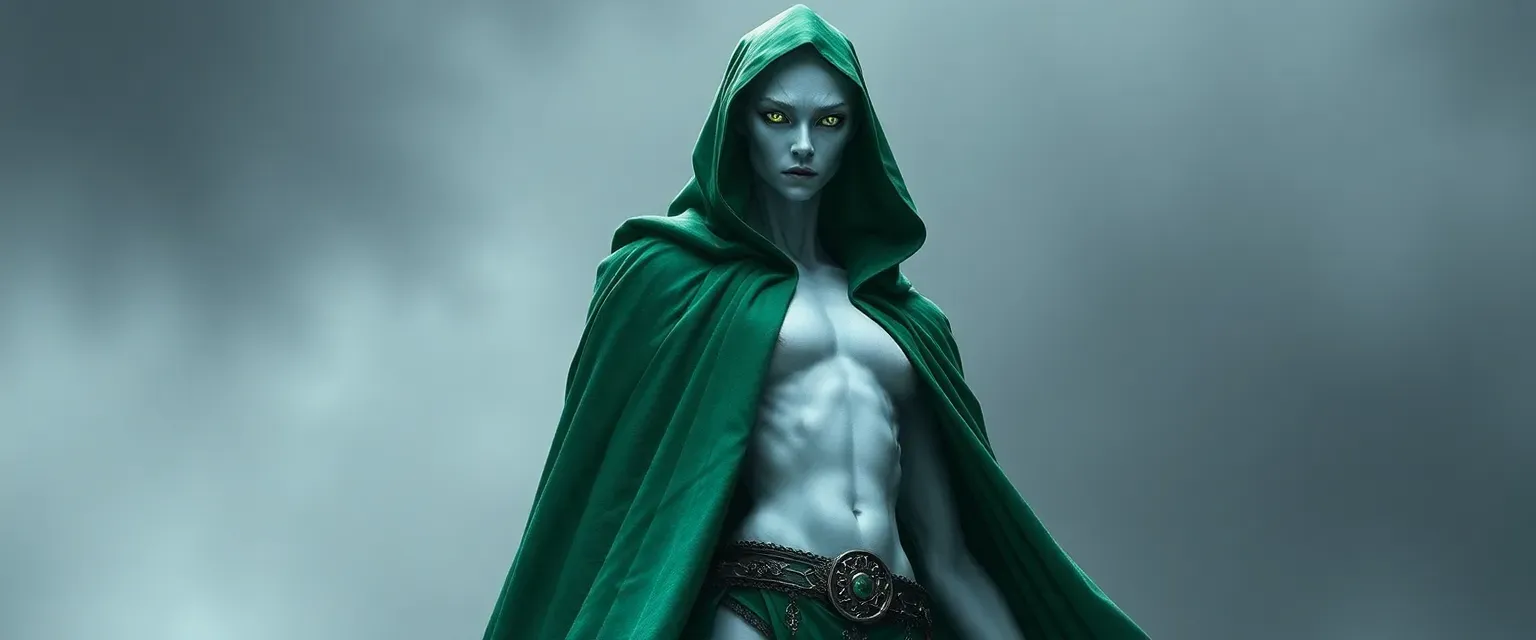 A towering 4.5-meter-tall humanoid figure in an emerald cloak, with an impossibly thin frame and elongated limbs, pale skin, and piercing silver eyes.