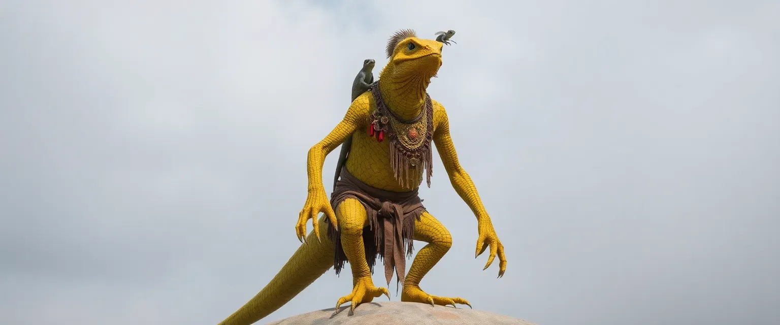 A towering 2.5m yellow-scaled reptilian humanoid with 4 arms, 6 legs, and sharp teeth. Three smaller lizards perch on its back. Wears tattered clothing and tribal ornaments.