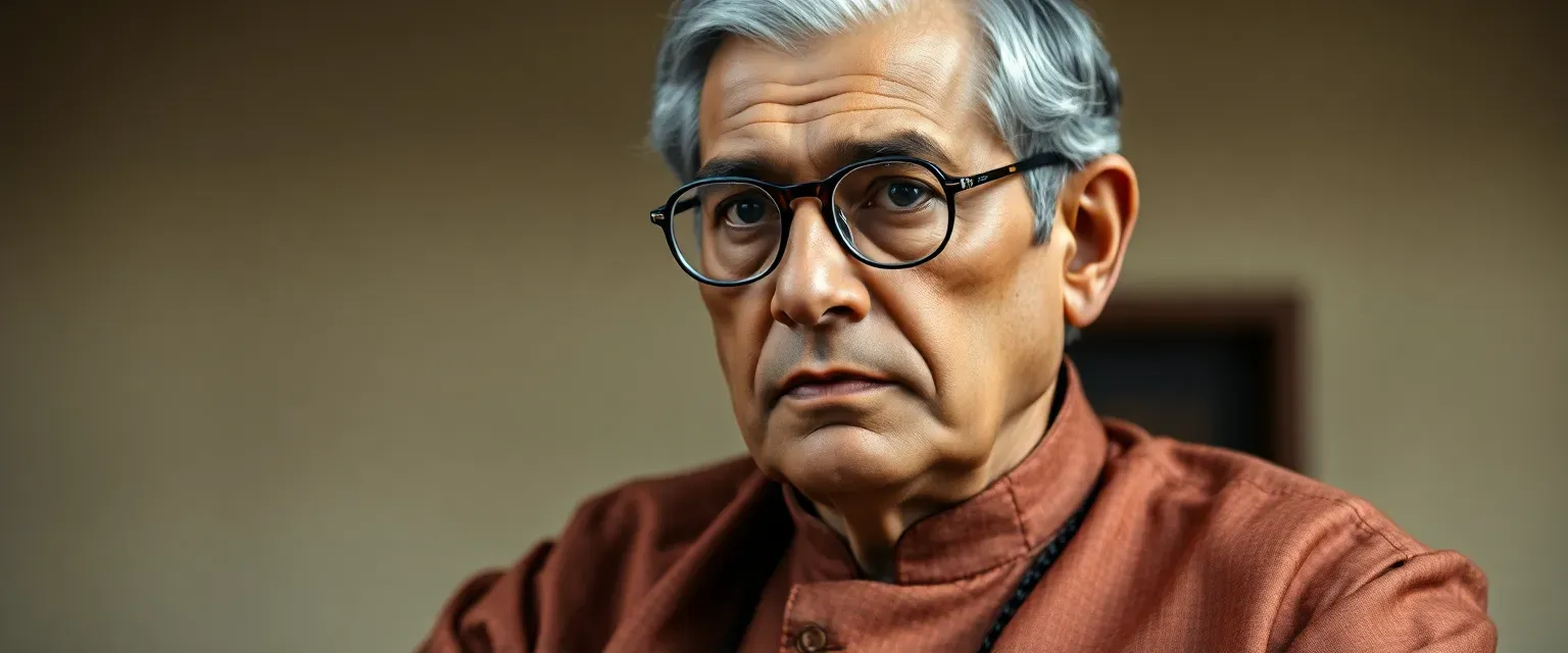 A distinguished middle-aged Indian intellectual in colonial-era formal attire, wearing wire-rimmed spectacles and a traditional kurta with British influence. Stern expression, graying temples, and impeccable posture.