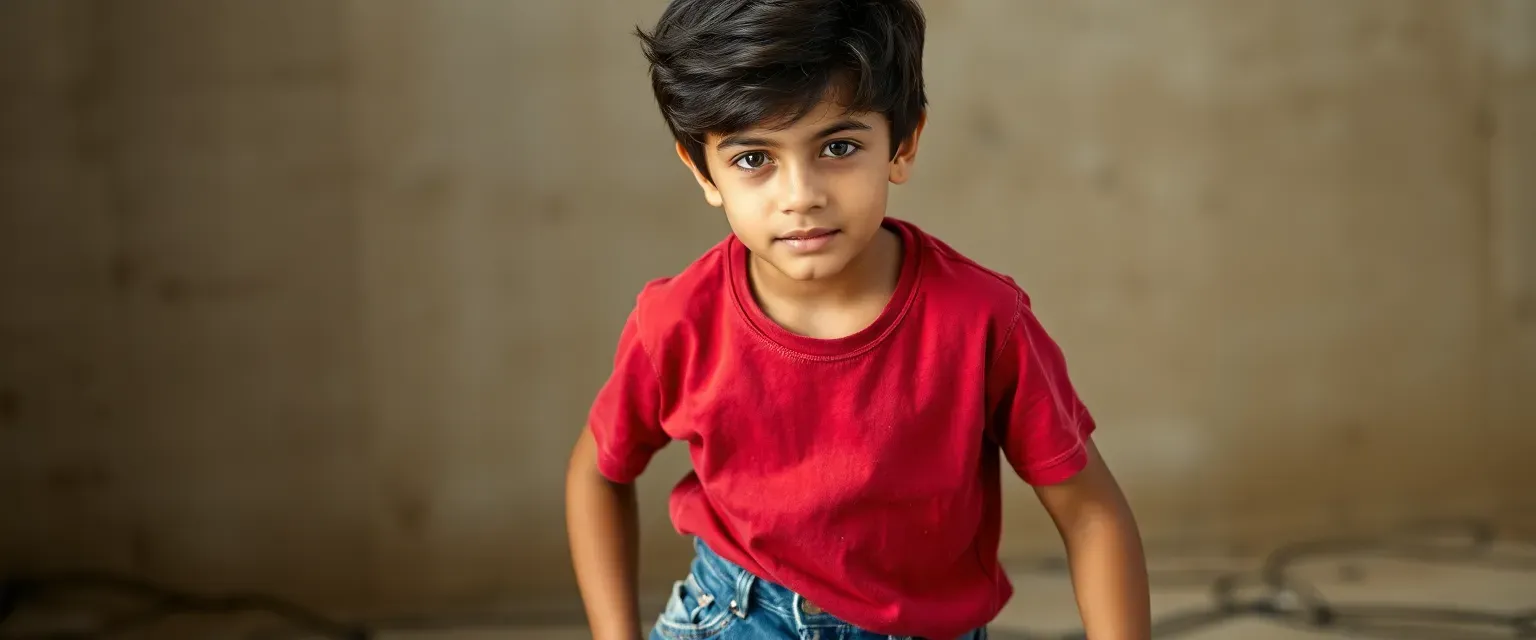 A muscular twelve-year-old boy with tanned skin and tousled dark hair. Wears a faded red t-shirt and patched jeans.