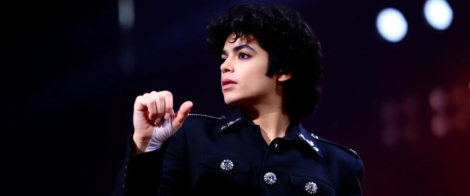 Young Michael Jackson in a sparkling glove, curly black hair, performing on stage in a military-style jacket.