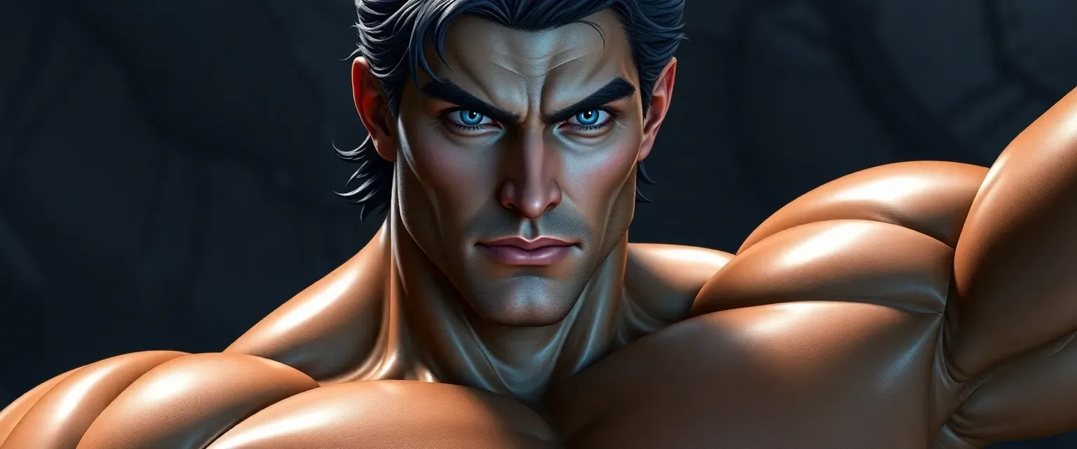 A towering man with sculpted muscles resembling living marble; bronze-skinned with piercing blue eyes and dark hair.