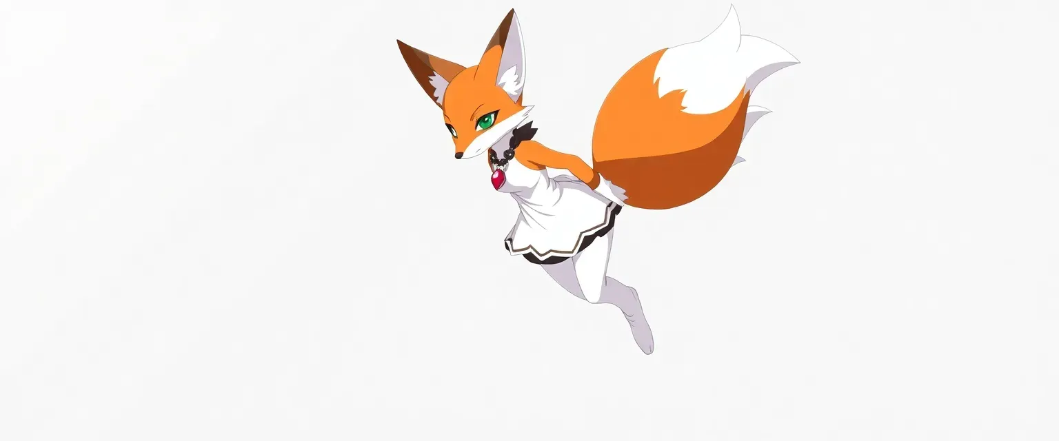 Female fox, orange and white fur, emerald eyes, white dress, black shorts, white boots, Phantom Ruby pendant.