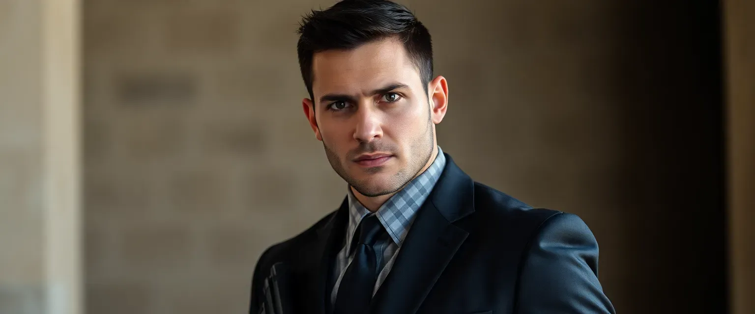 A rugged US Army veteran turned bodyguard with short black hair, striking grey eyes, athletic build, wearing tactical gear and a well-fitted suit, carrying himself with military precision.