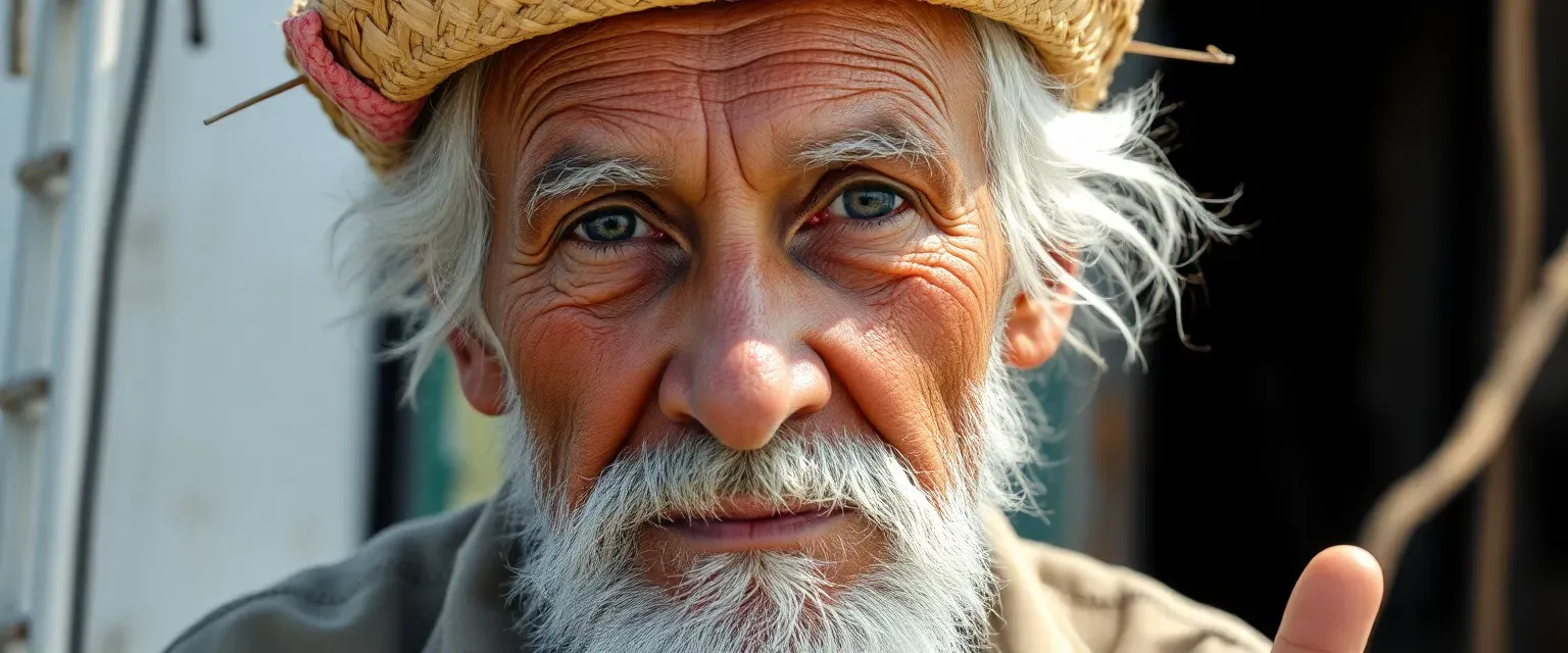 A weathered Cuban fisherman in his late 70s, with sun-leathered skin, white stubble, and deep-set brown eyes. Wears simple, worn fishing clothes and an old straw hat. His calloused hands tell stories of decades at sea.