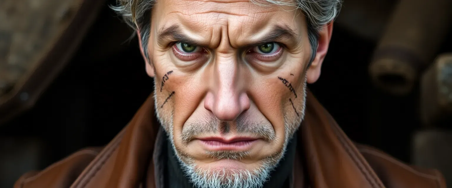 A lean, weathered man in his late 40s with graying temples, wearing a worn leather duster. Deep scars across his face, calculating green eyes, and a perpetual scowl.