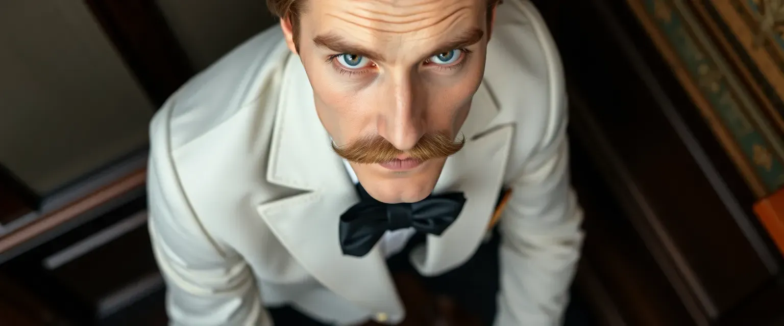 A noble British gentleman with slick gold-brown hair and mustache, crystal blue eyes; wears a white button-up jacket with black bow tie, black pants, brown shoes.