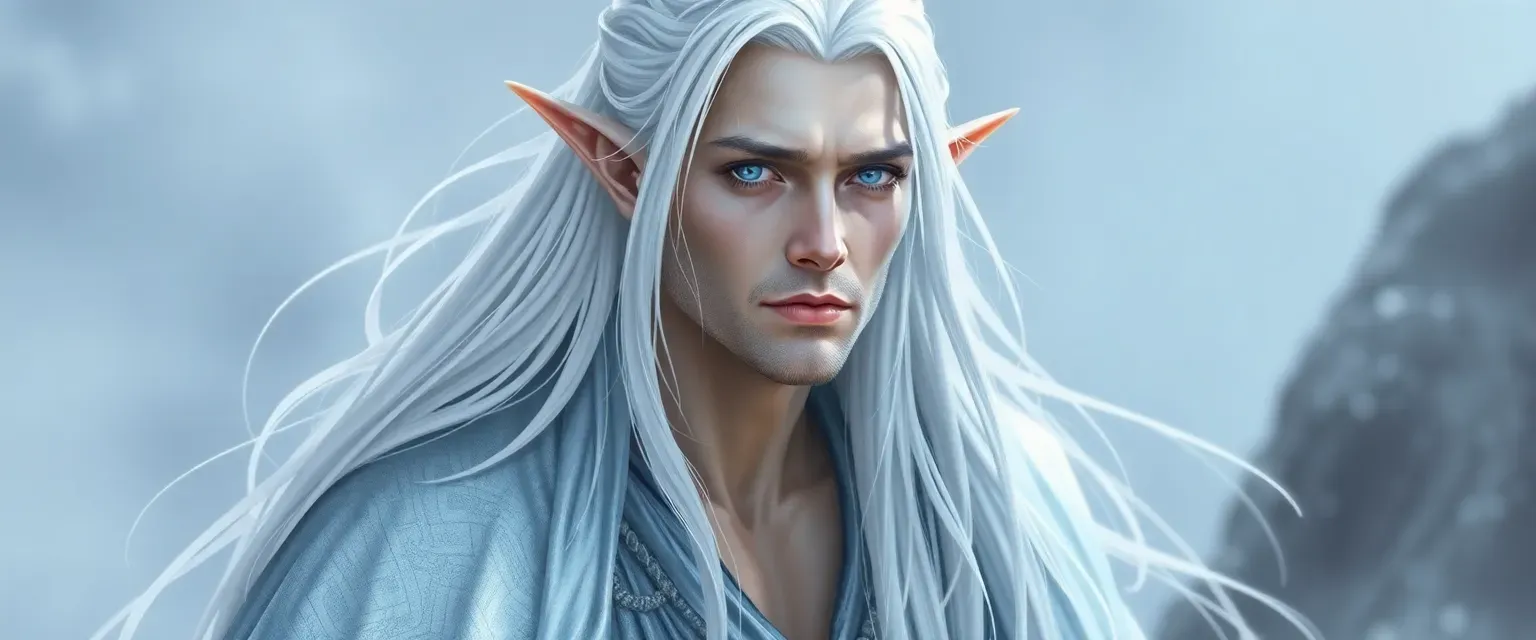 Ethereal man with pointed ears, pale skin, long white hair, and blue/grey eyes, dressed in flowing silver and white robes.