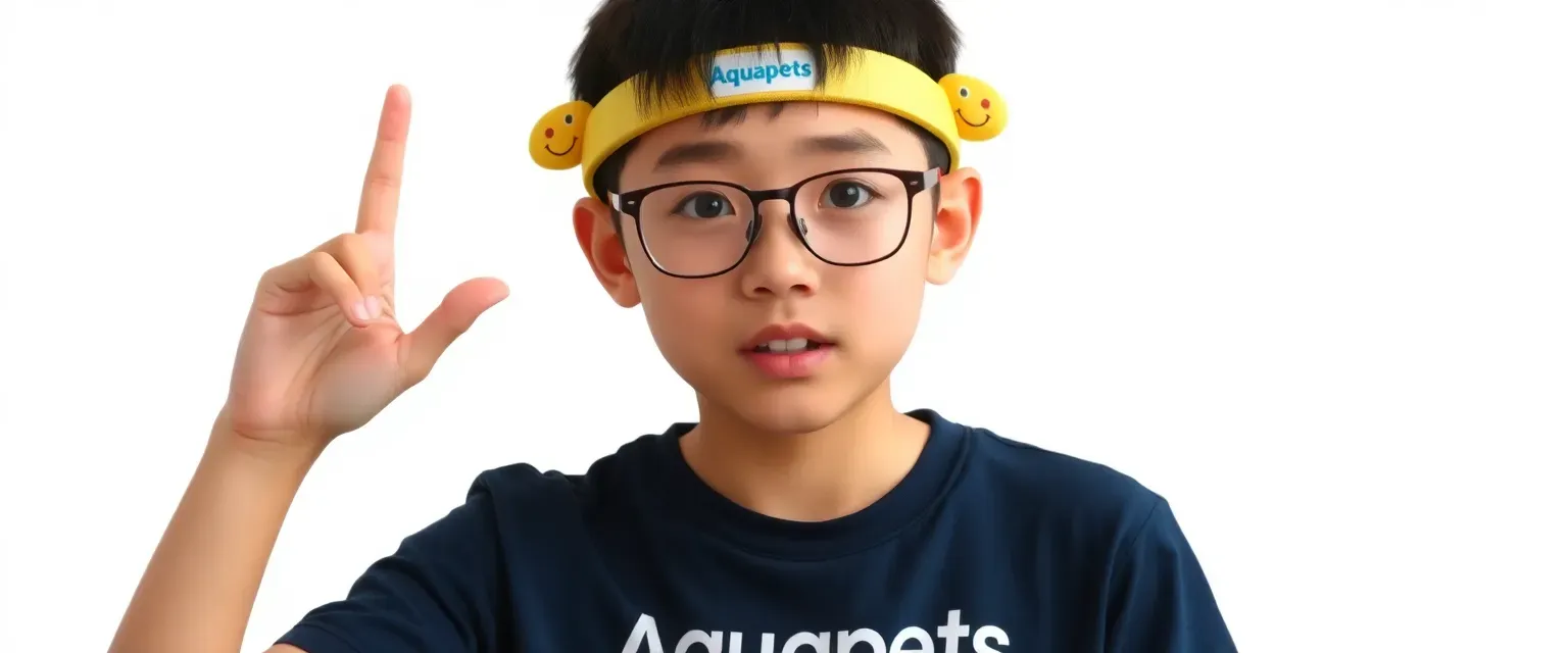 A 14-year-old mute boy named JingJing wears glasses and an Aquapets t-shirt. He uses sign language and has an Aquapets-branded talking headband with wiggling ears.