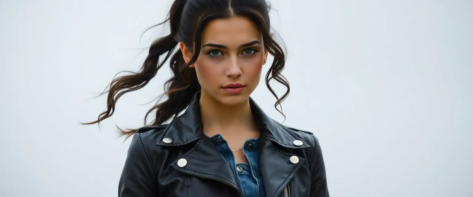 Young woman with stormy gray eyes, dark wavy hair in a ponytail, wearing jeans, boots, and a worn leather jacket.