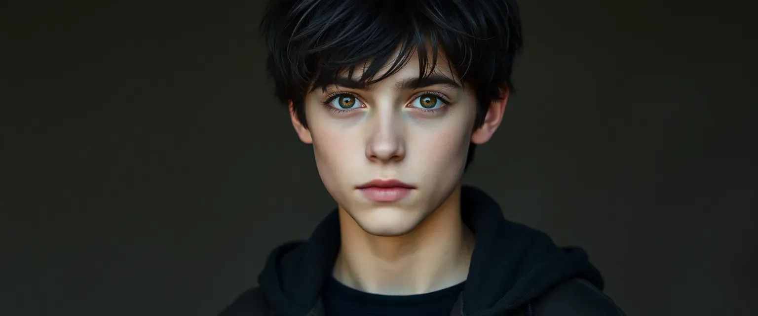 15-year-old tall boy with messy black hair and golden eyes, dressed in dark practical clothes.