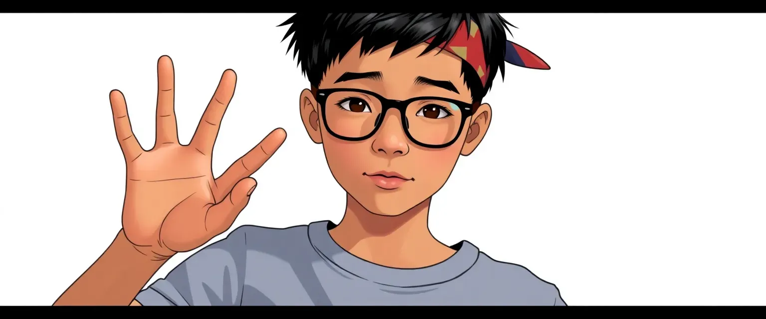 Fourteen-year-old Chinese-Sudanese boy born mute; communicates via sign language. Wears glasses, an Aquapets T-shirt, and headband mimicking Puku's voice.